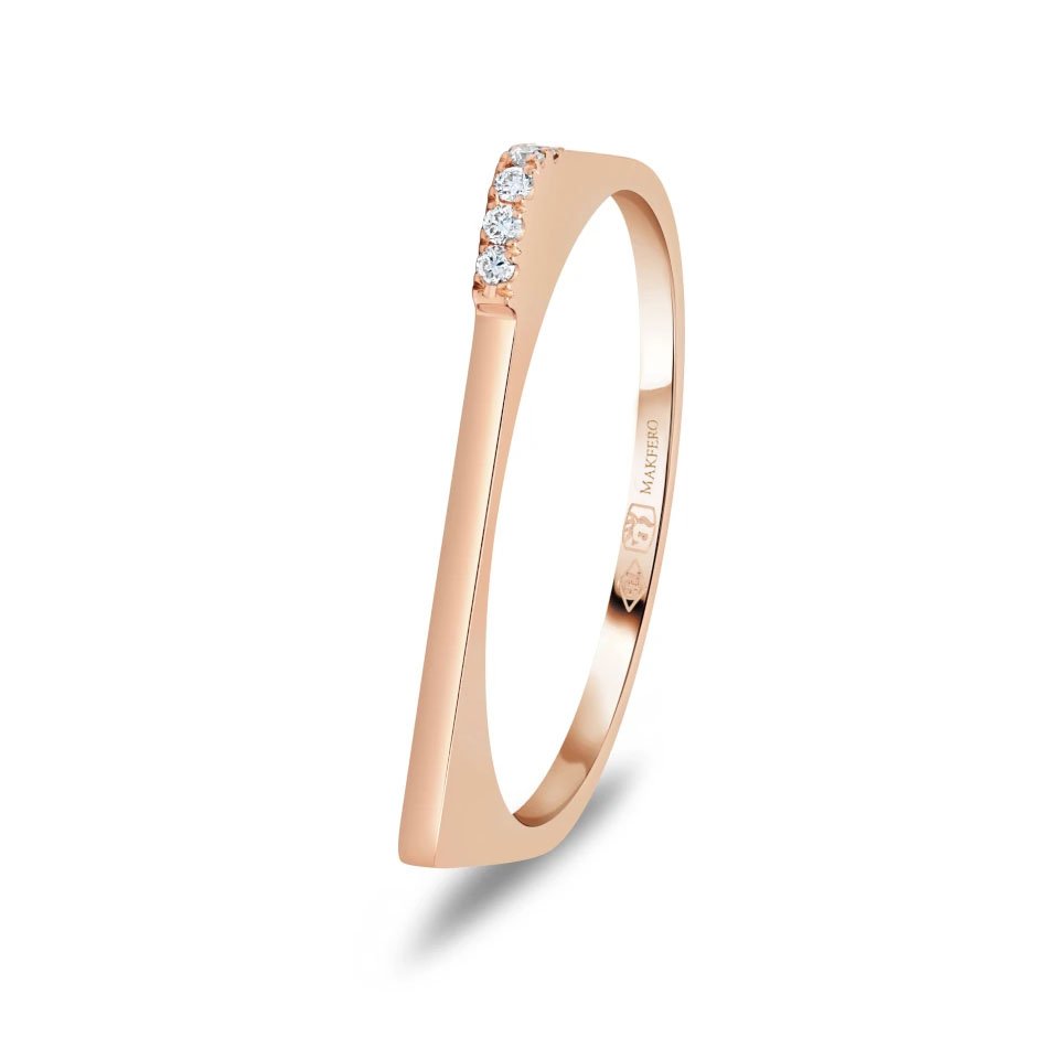 Rose gold ring with slim geometric band set with five small round diamonds