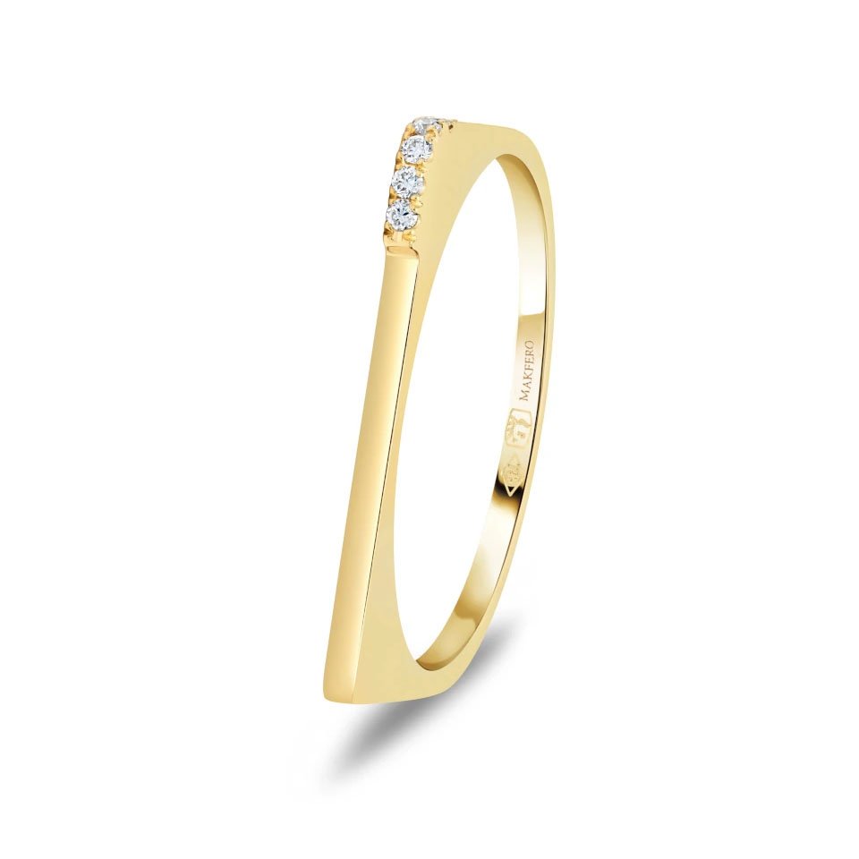 Yellow gold ring with slim geometric band set with five small round diamonds