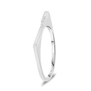 Modern white gold ring with asymmetric band set with four small round diamonds.
