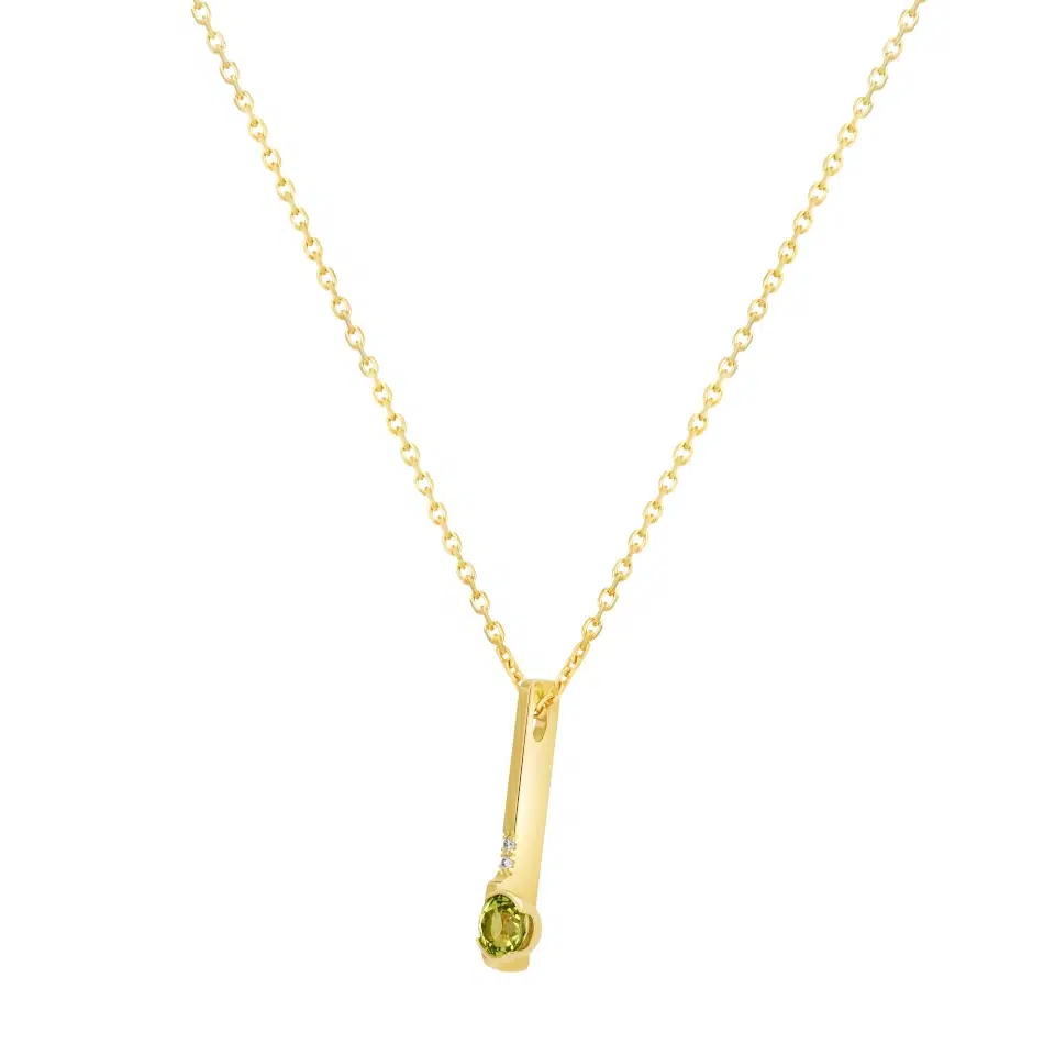 Triolet A necklace in 18K yellow gold set with a 4 mm round green tourmaline and two G-H color, VS-SI clarity diamonds