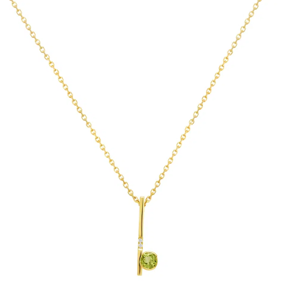 Triolet A necklace in 18K yellow gold set with a 4 mm round green tourmaline and two G-H color, VS-SI clarity diamonds