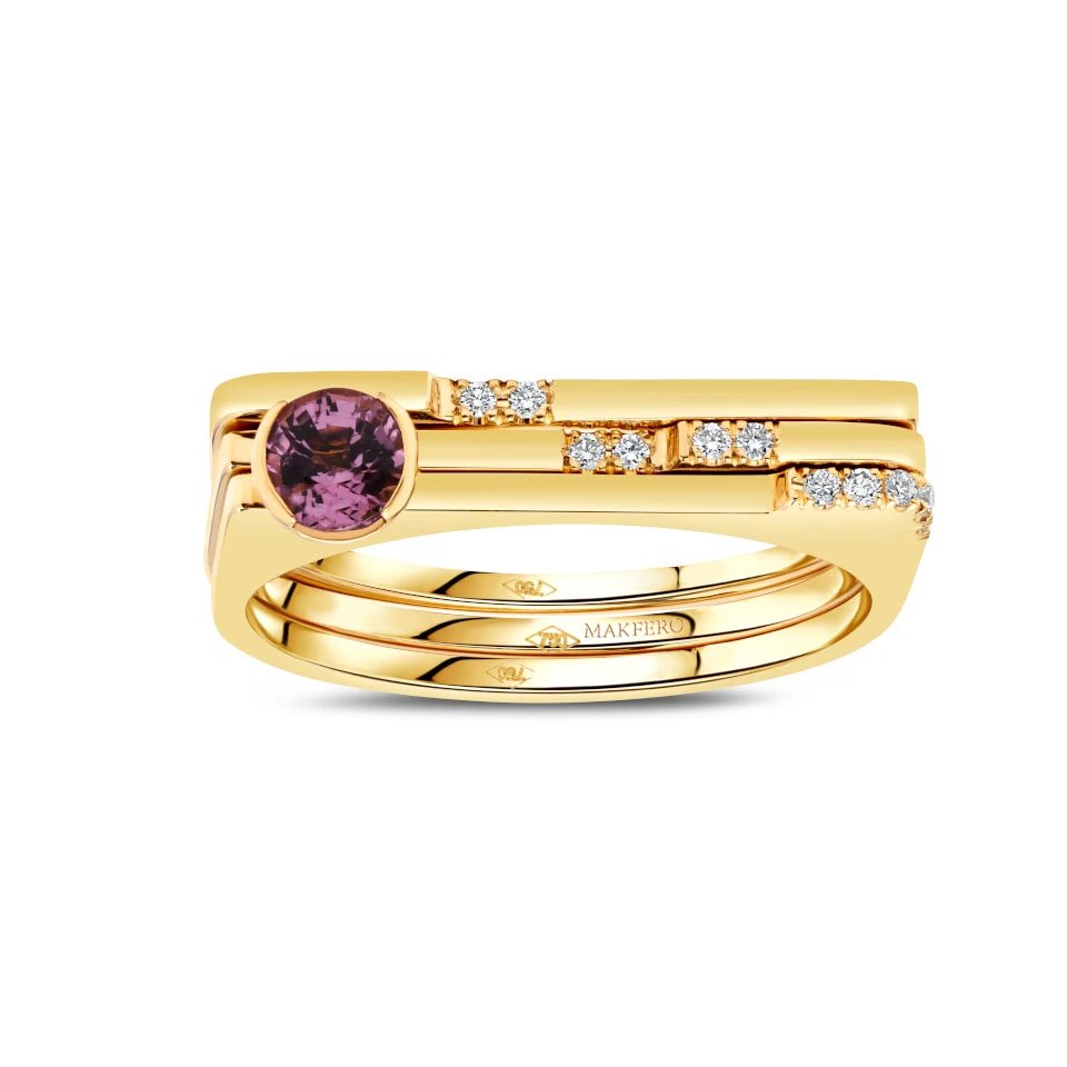 Yellow gold ring combining tourmaline center stone with eleven small round diamonds set in a geometric modern band