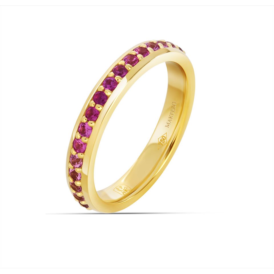 Zea ring in 18K gold, set with 16 round sapphires of 2 mm in a delicate gradient of colors