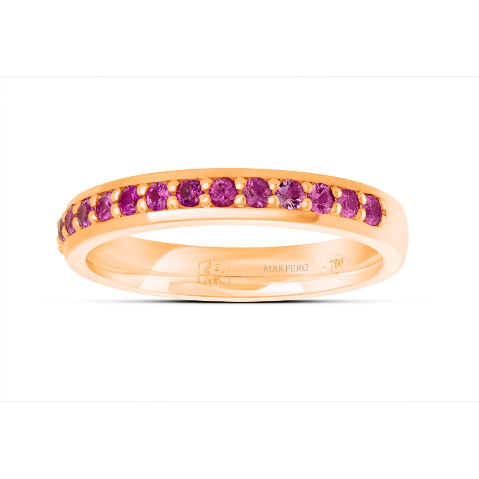 Zea ring in 18K gold, set with 16 round sapphires of 2 mm in a delicate gradient of colors