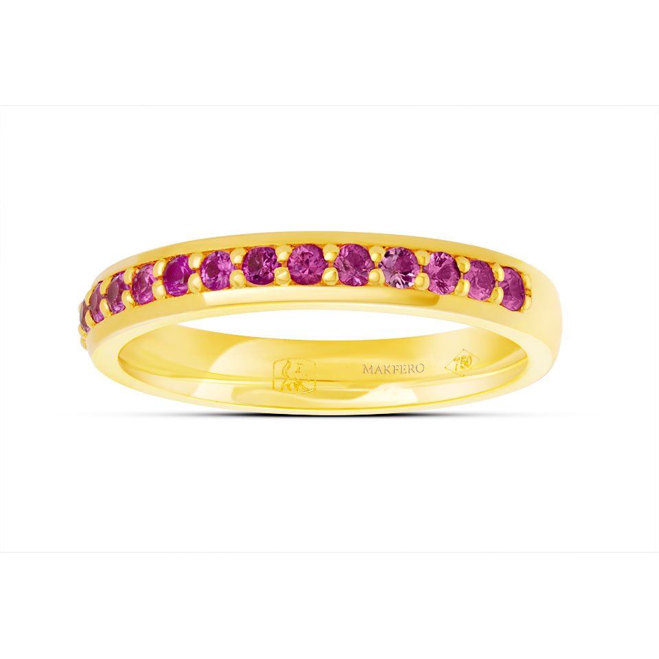 Zea ring in 18K gold, set with 16 round sapphires of 2 mm in a delicate gradient of colors