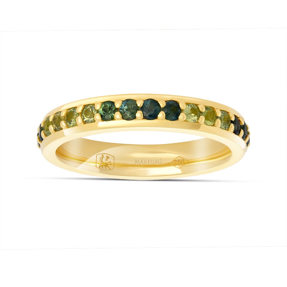 Zoé ring in 18K gold with a line of degraded color sapphires