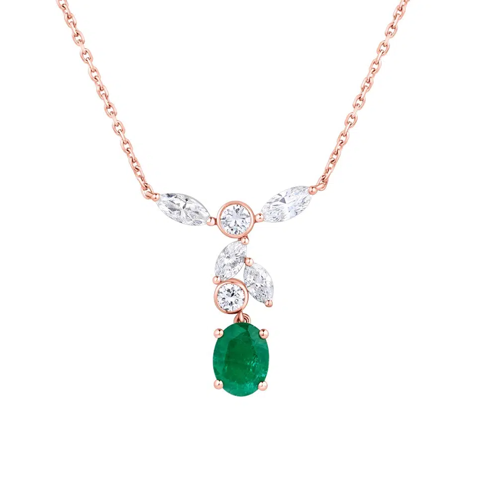 Carya necklace in 18K gold with an oval emerald and a composition of round and marquise diamonds on a fine chain