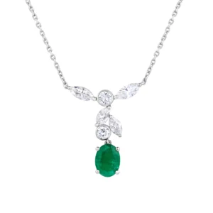 Carya necklace in 18K gold with an oval emerald and a composition of round and marquise diamonds on a fine chain