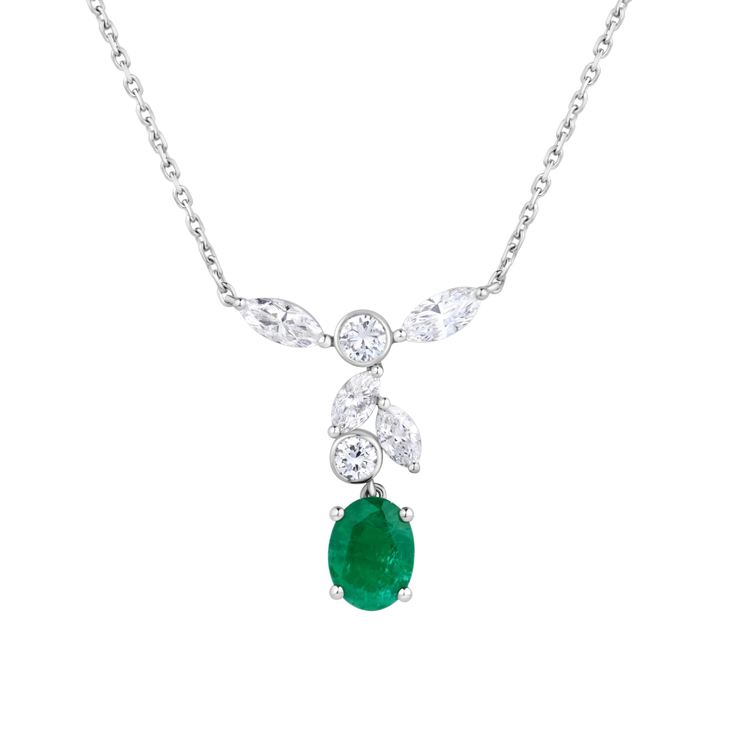 Carya necklace in 18K gold with an oval emerald and a composition of round and marquise diamonds on a fine chain