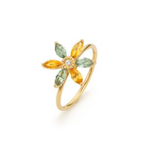 Flora ring in 18K gold with a central round diamond surrounded by multicolored marquise-cut sapphires forming a floral design.