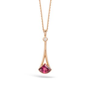 Yellow gold necklace with a geometric-cut rhodolite pendant and a small round diamond above