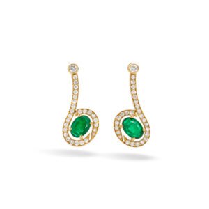 Yellow gold drop earrings with oval emeralds surrounded by diamonds and a curved line of diamonds leading to a round diamond stud