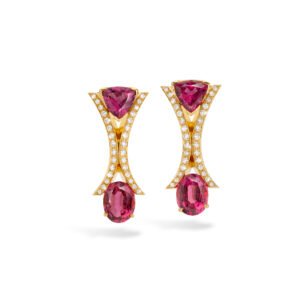 Yellow gold drop earrings with trillion and oval rubellites connected by a diamond-set structure